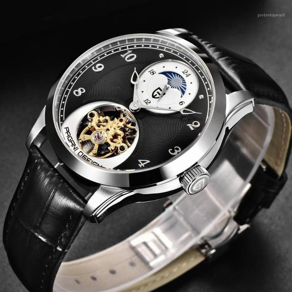 

hollow mechanical watch men tourbillon automatic leather band business male clock montre homme wristwatches, Slivery;brown