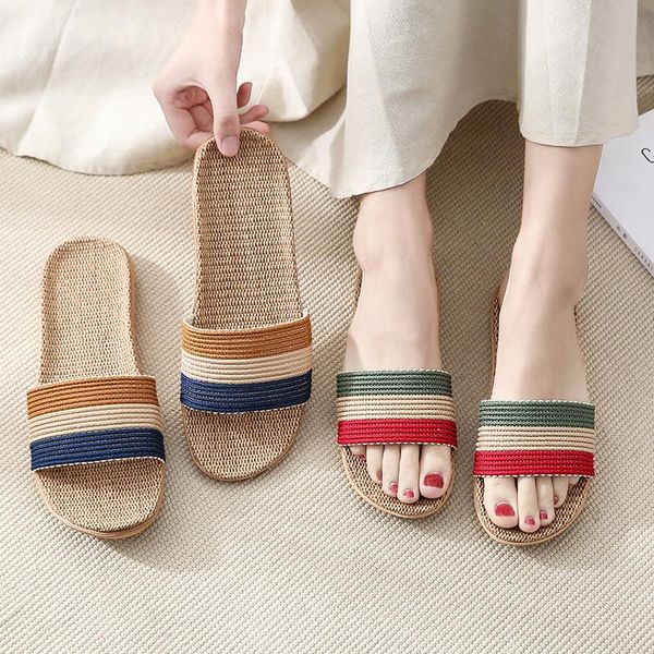 

slippers suihyung summer flax for women men 2021 colored striped casual slides couple non-slip indoor shoes hempflip flops, Black