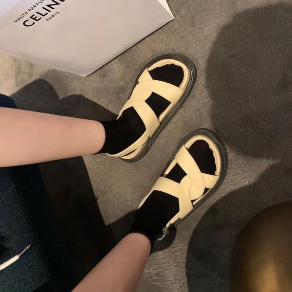

sandals women's 100% genuine leather roman cross strap non slip, Black