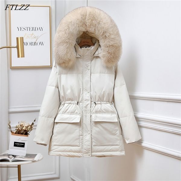 

winter women large natural fox fur hooded jacket 90% white duck down thick parkas warm sash tie up snow coat 210430, Black