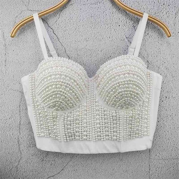 

pearls rhinestone cropped women bustier white tank rave festival club party underwear camis 210326