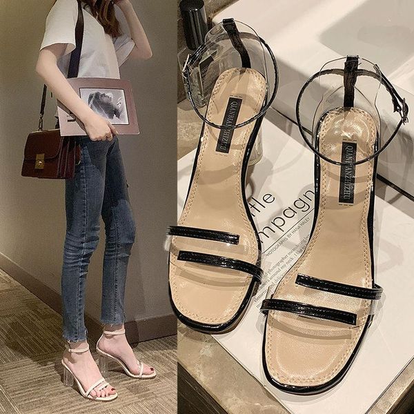 

sandals women square toe summer shoes transparent high heels woman clear pumps wedding jelly slippers, Black