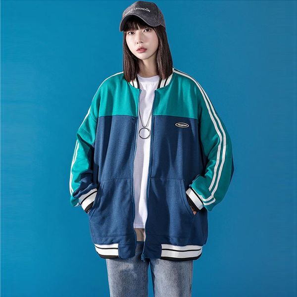 

women's jackets color contrast stripe jacket 2021 spring and autumn korean loose bf student versatile baseball fashion, Black;brown
