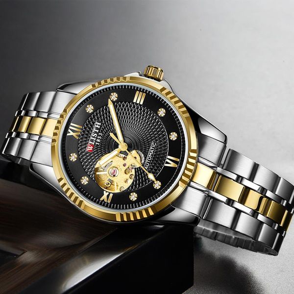

men's fashion automatic mechanical watch stainless steel hollow skeleton men clock orologio uomo business waterproof watches wristwatch, Slivery;brown