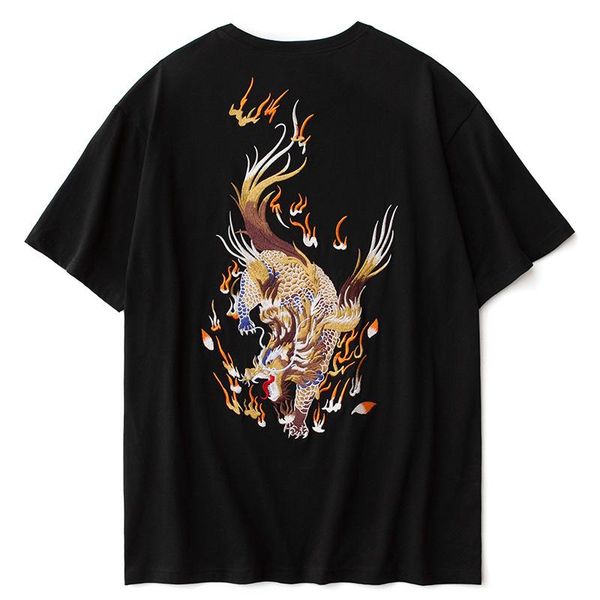 

chinese style heavy industry embroidered pattern cotton short sleeve men's t-shirts, White;black