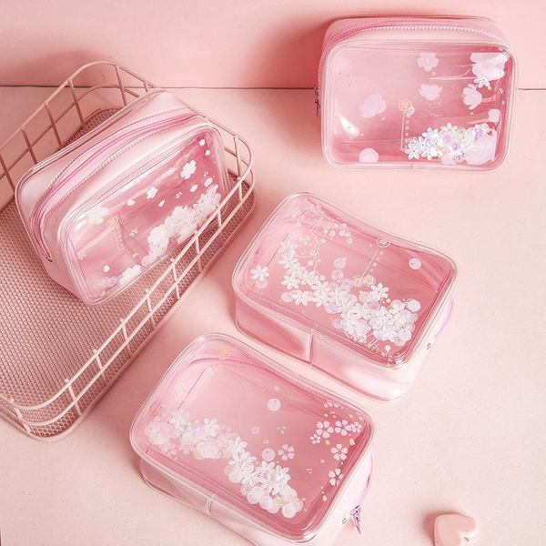 

cherry blossoms sequins makeup case cosmetic bags girl pink transparent pvc travel organizer pouch clear make up bag female & cases