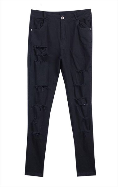 

high stretch denim pants women jean mid waist distressed ripped skinny pencil black white, Blue