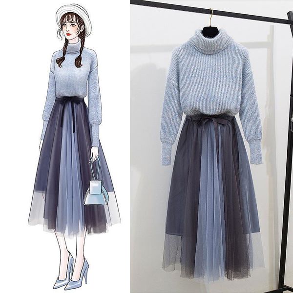 

two piece dress turtle neck sweater skirt set 2 pcs elegant korean outfits women mesh midi winter female clothing, White