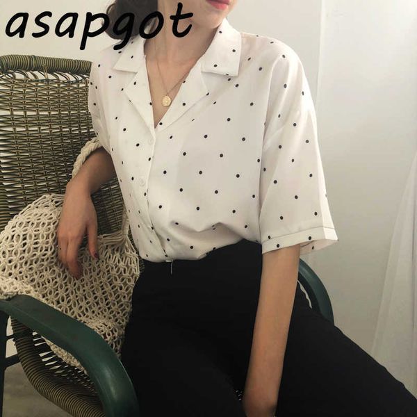 

chic korean fresh chiffon polka dot blouse women summer red short sleeve notched shirts blusas mujer de moda fashion retro 210610, White