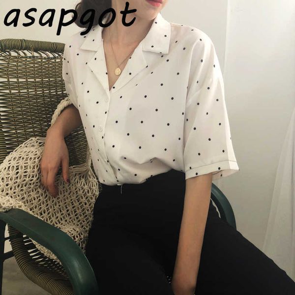 Chic coreano fresco chiffon a pois pois blusa donna estate rosso manica corta magliette dentate Blusas Mujer de Moda Fashion Retro 210610