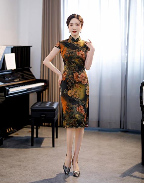 

classic floral print cheongsam women vestidos mandarin collar slim chinese dress female short sleeve qipao large size -4xl ethnic clothing, Red