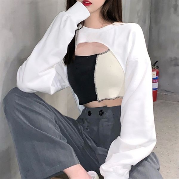 

sweatshirt women korean streetwear long sleeve sweatshirts pullover+vest casual party crop autumn women's clothing 211109, Black
