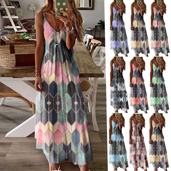 

casual dresses 2021 women's summer printed camisole long dress fashion plus size sleevless bohemian, Black;gray