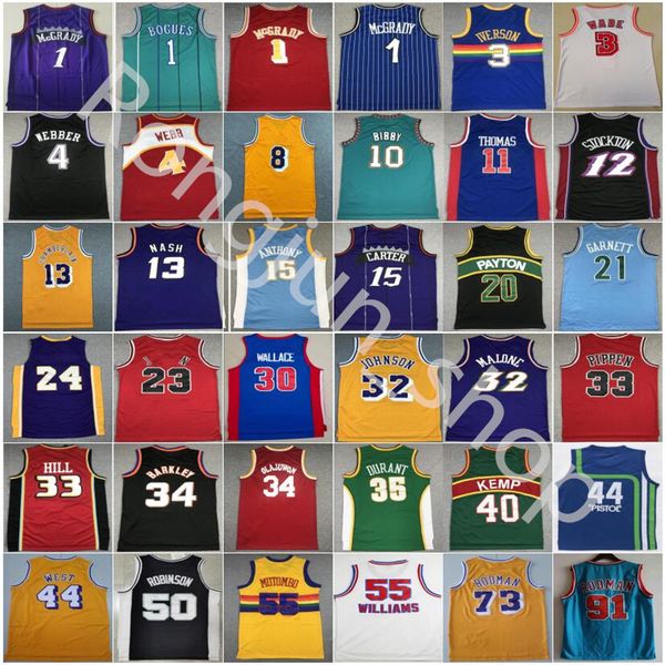 Retro-Basketball-Trikots von Allen Bibby Garnett Nash Barkley Johnson Durant Curry Iverson Rodman Hill Williams Webber Olajuwon McGrady Mutombo Payton