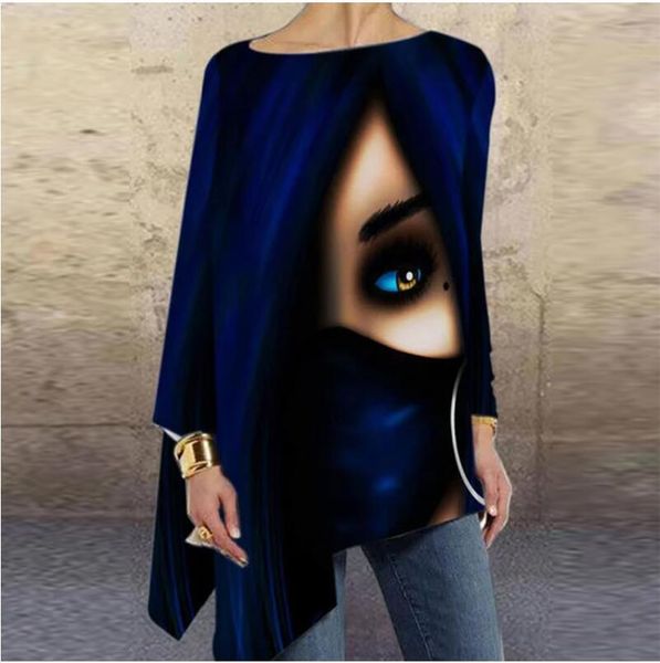 

vintage abstract face printed women shirt irregular o neck long sleeve autumn blouse casual loose oversize pullover harajuku top, White