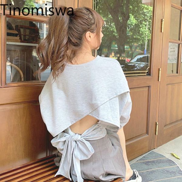 

women's t-shirt fashion women back bow tshirts sweet lady long sleeve chic korean girls t-shirts solid 2021 spring crop tees 0021, White