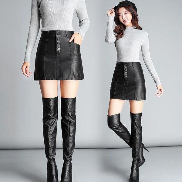

skirts 2021 spring and autumn pu half-length leather skirt high waist wild a word black bag hip female