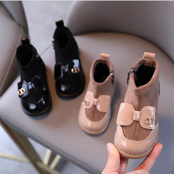 

children plus cashmere boots autumn winter british style girl fashion stitching short bow princess keep warm, Black;grey