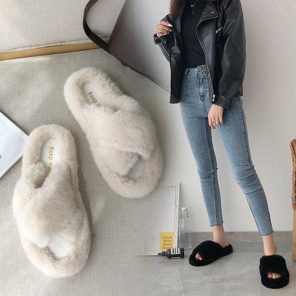 

lazy outer wear student home furnishing thick bottom open toe fall winter slippers furry women, Black