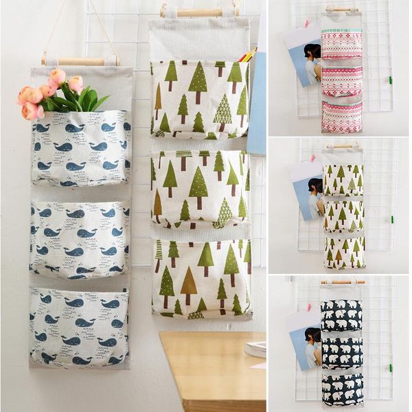 

storage boxes & bins wall mounted bag with 3 pockets linen fabric waterproof door closet hanging organizer for bedroom bathroom nin668