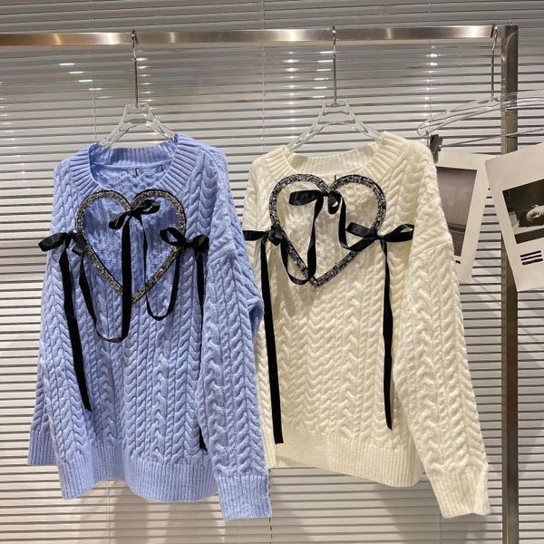 

women's sweaters diamond edge hollow out love ribbon bow knit sweater women 2021 autumn jumper, White;black