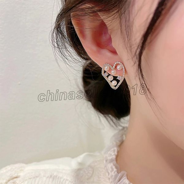 

personality hollow crystal pearl heart shape dangle earrings for women 2022 new jewelry korean love heart drop earring brincos, Silver