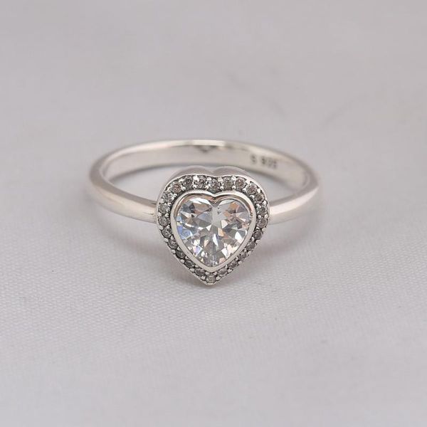 

cluster rings genuine 925 sterling silver heart classic elegance clear cz ring compatible with european jewelry, Golden;silver