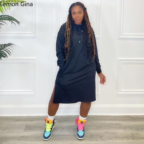 

casual dresses lemon gina women long sleeve hooded side slit a-line sweatshirt style dress, Black;gray