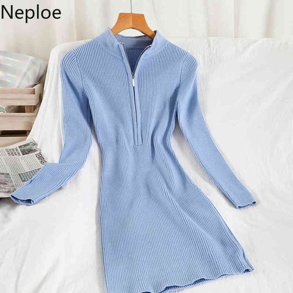 Neploe Zipper Vestidos Sxey Bodycon Gestrickte Frauen Kleider Hohe Taille Frühling Langarm Slim Fit Kleid Mode Grundlegende Robe Femme 210422