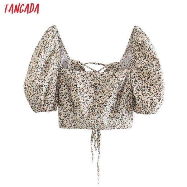 

tangada women retro flowers print crop shirt backless lace up short sleeve summer chic female shirt 4n65 210609, White