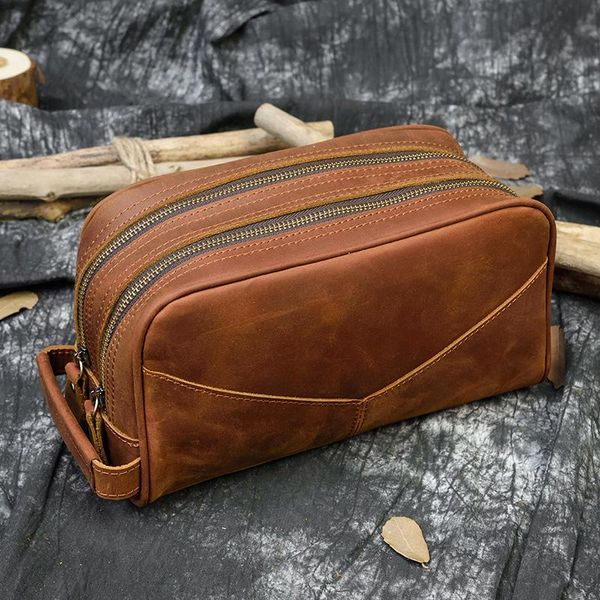 

genuine leather business wash bag clutch storage men hand crazy horse male make purse up wallets, Red;black