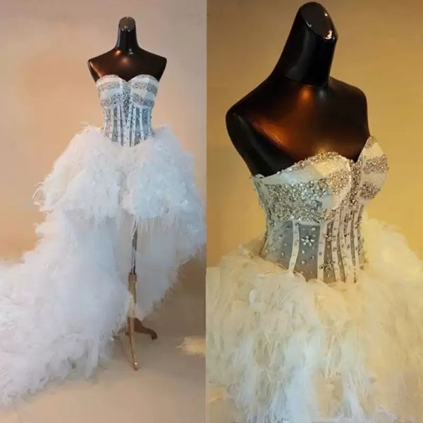 

gorgeous high low wedding dresses bridal gown 2022 rhinestones beaded sweetheart neckline ruffles feather custom made beach vestidos de novi, White