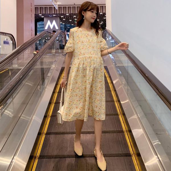 

maternity dresses summer fashion western style sweet floral dress yellow puff sleeve o-neck printing pregnant woman chiffon, White