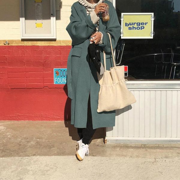 

women's wool & blends korean 2021 winter double sided x-long 100% coat women high end big fat sleeve loose plus size lacing belt woolen, Black