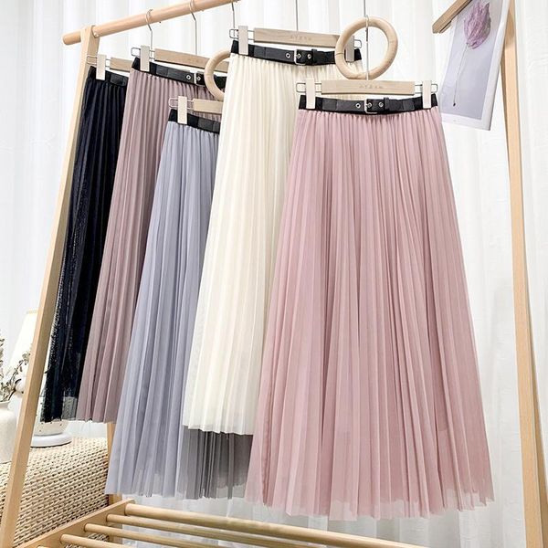 

skirts mesh pleated skirt women elegant midi tulle with decorative belt elastic high waist long womens clothing, Black