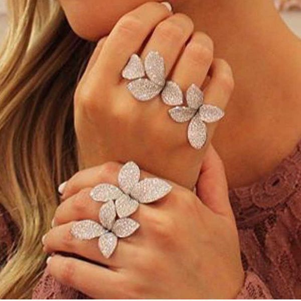 

missvikki noble luxury fingers ring adjustable fashion blooming flowers full shiny cubic zirconia stage jewelry, Silver