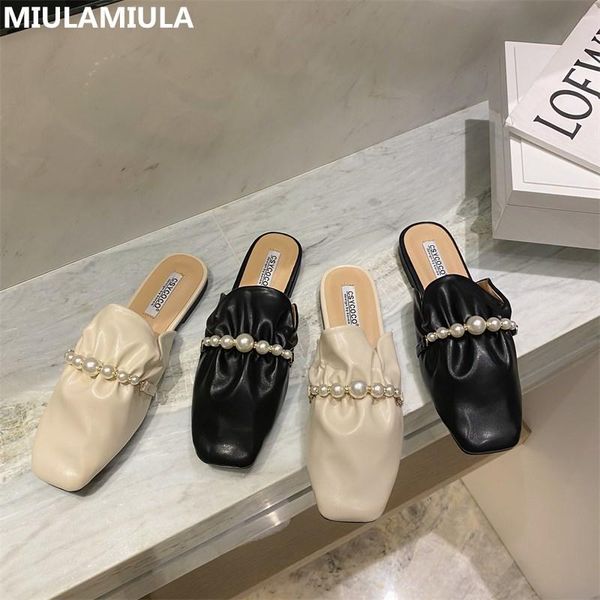 

slippers korean fashion square toe string bead flat leather brand designer socofy ladies shoes slip on loafers mules casual, Black