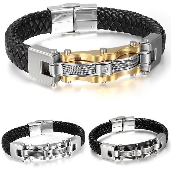 

link, chain cable wire men's boy's bracelet bangle black genuine leather silver gold color stainless steel jewelry