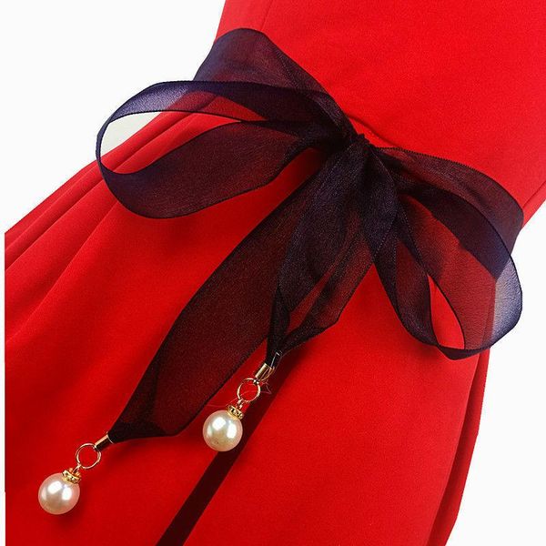 

belts for women chiffon hollow girdle thin pearl belt rope dresses tassel waistband black white grey red narrow, Black;brown