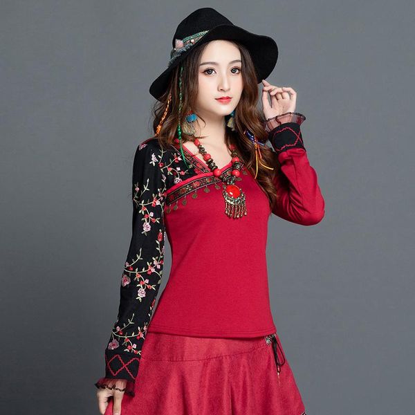 

shirt women pullover female autumn winter mexico style hippie ethnic design long sleeve black red patchwork tee db445 women's t-shirt, White