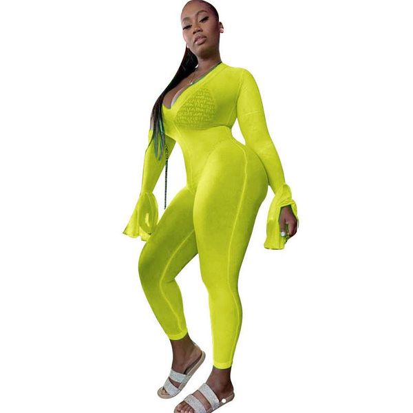 

women's jumpsuits & rompers 2021 neon green mesh transparent jumpsuit women v-neck long sleeve bodycon romper nightclub casual skinny f, Black;white