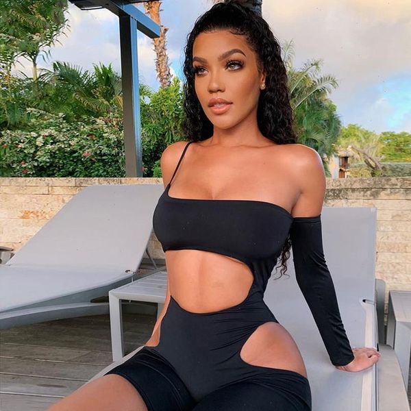 

hollow out womens jumpsuit playsuit one shoulder asymmetric sleeve beach style romper slash neck skinny bodysuit overalls catsuit women, Black;white