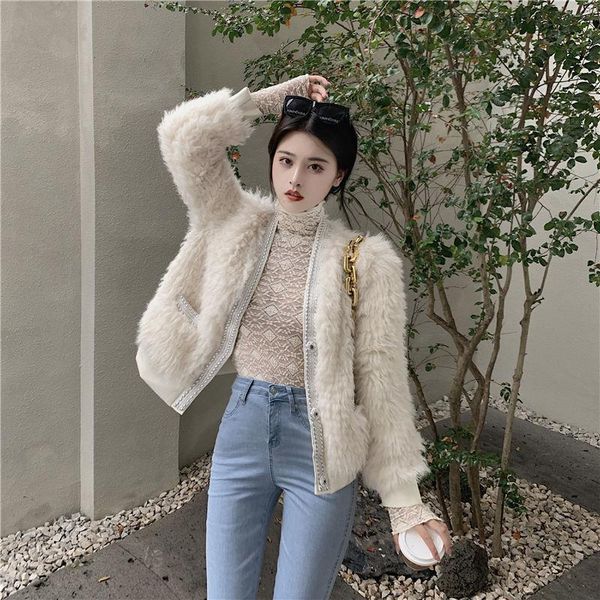 

women's fur & faux women 2021 autumn winter plush jacket female casual loose lamb wool short coat ladies elegant chic outerwear c413, Black