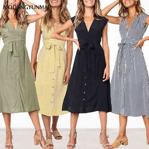 

sleeveless shirt dress summer cotton boho beach dresses women casual striped print a-line midi party dress vestidos office dress g220309, White