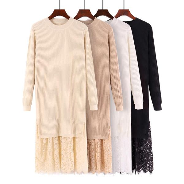 

casual dresses winter women dress knitted long knit maxi o neck ribbed basic lace pullover sweater xz629, Black;gray