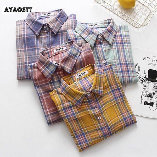 

women's blouses & shirts supplier women blouse long sleeve cotton plaid shirt casual female student loose outwear, White