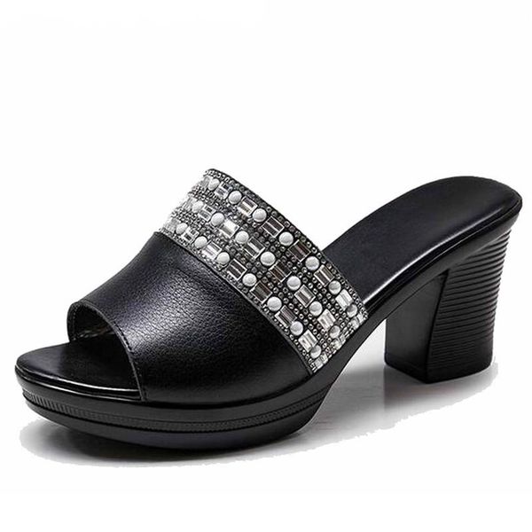 

summer mother slippers fashion ladies soft and comfortablewomen high heels rhinestone summershoe, Black