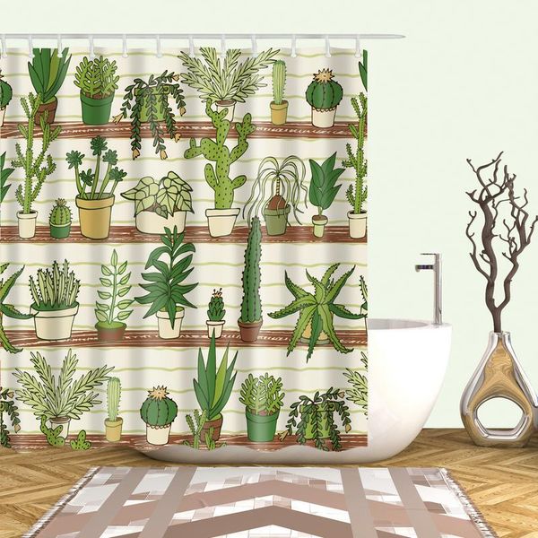 

cactus potted flower stand shower curtain set with 12 hooks natural plants bathroom decoration washable polyester fabric curtains