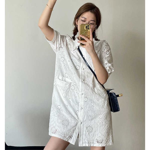 

canggumu korean lace buckle drs women's summer product of 21 years loose lapel short sleeve skirt fashion 3913, Black;gray