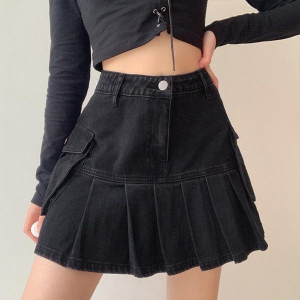 

women harajuku high waist black jeans pleated mini denim skirt side flap pocket patchwork vintage ruffle gothic punk a-line skirts